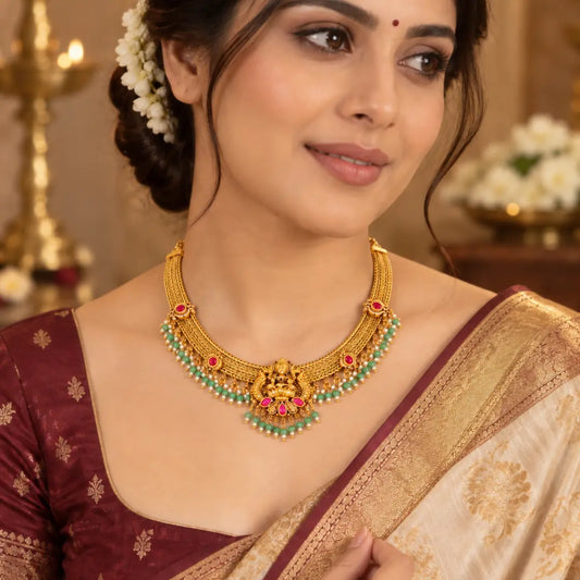 Lakshmi Temple Jewellery Short Necklace Set with Green Bead Drops J-945
