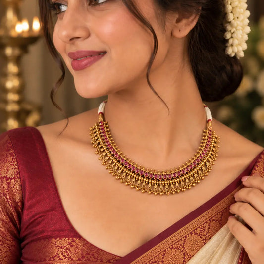 Ratna Valli Temple Jewellery Short Necklace Set with Stone Work K-1818