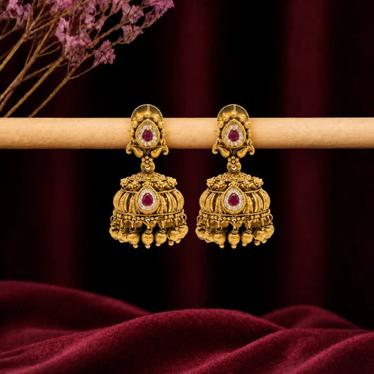 1 Gram Gold Jhumka Earrings | Antique Ribbed Dome with Ruby