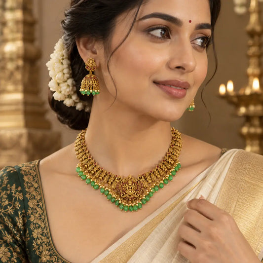 Lakshmi Bhushana Kantha Short Necklace Set | Gold-Plated Temple Jewellery K-1895N