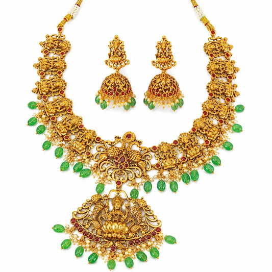 Antique Lakshmi Temple Short Necklace Set with Green Beads L-90