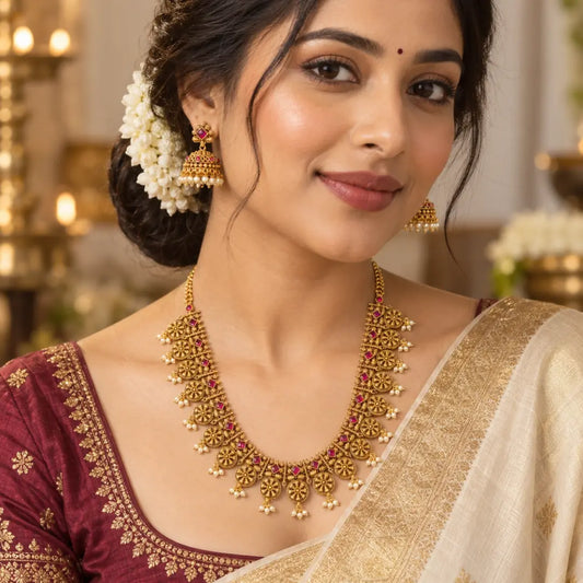 Chakra Mukta Temple Jewellery Short Necklace Set with Pearl Detailing K-1847