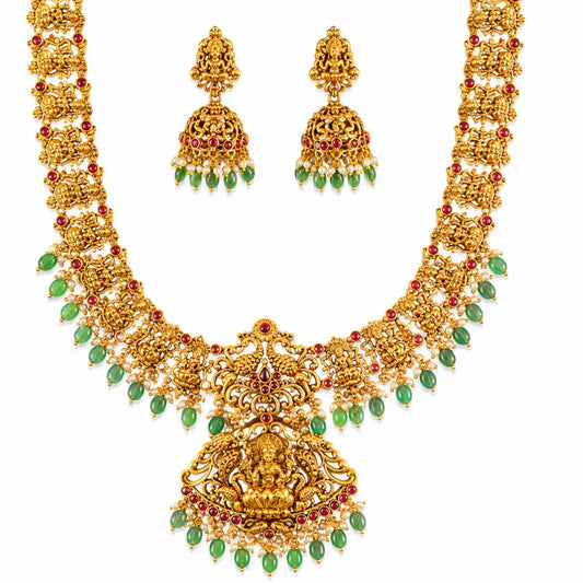 Antique Lakshmi Temple Long Necklace Set with Green Beads L-91
