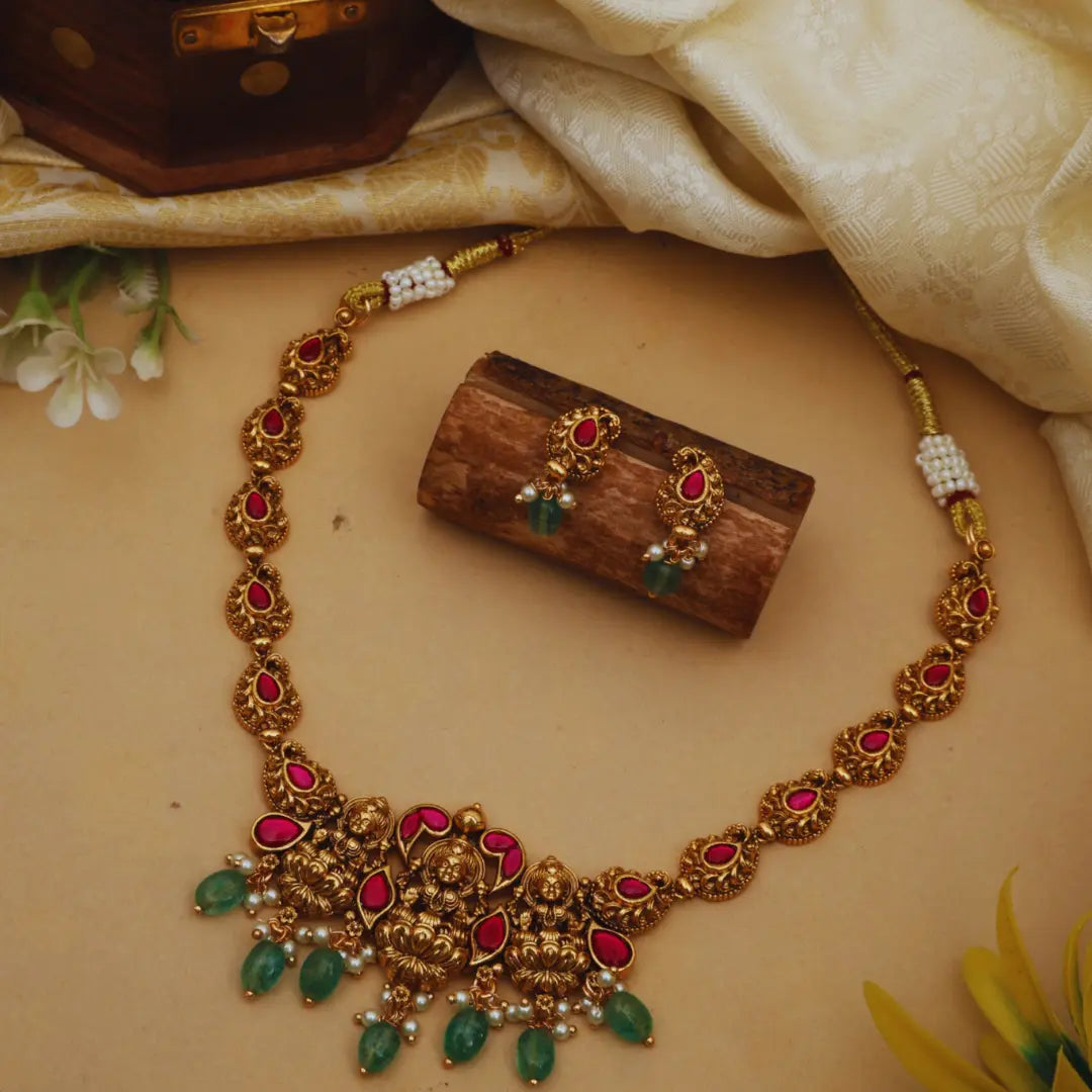 Antique Lakshmi Short Necklace Set – Gold Plated T-34