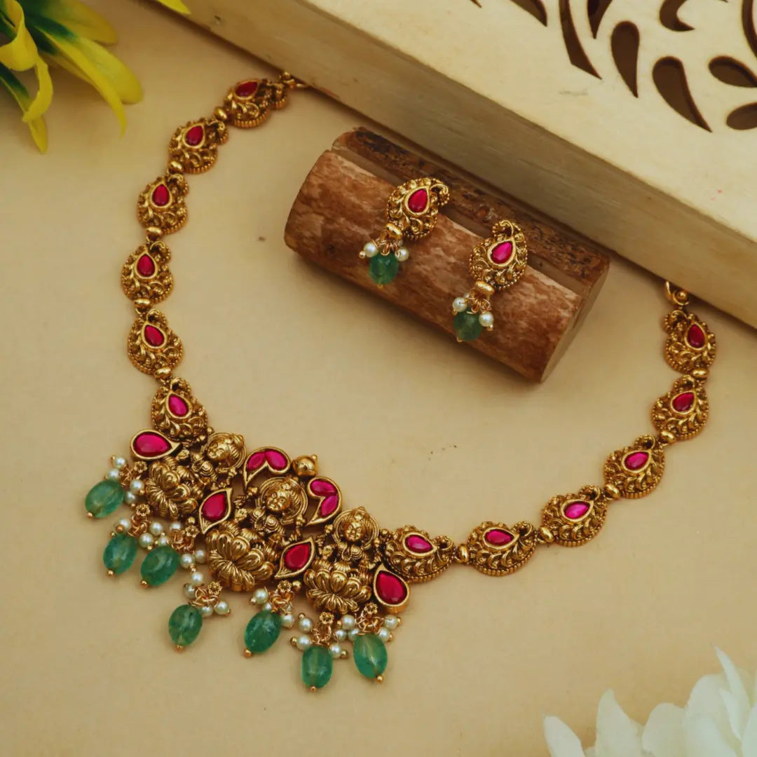 Antique Lakshmi Short Necklace Set – Gold Plated T-34