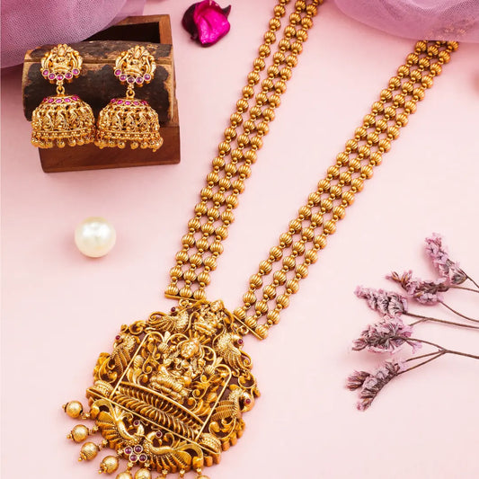 Gold-Plated Antique Laxmi Temple Long Pendant Set
