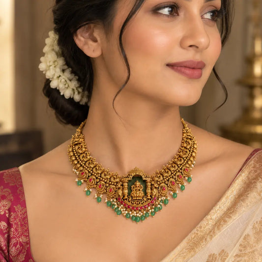 Swarna Kamala Jhumka Short Necklace Set | Gold-Plated Temple Jewellery J-1023