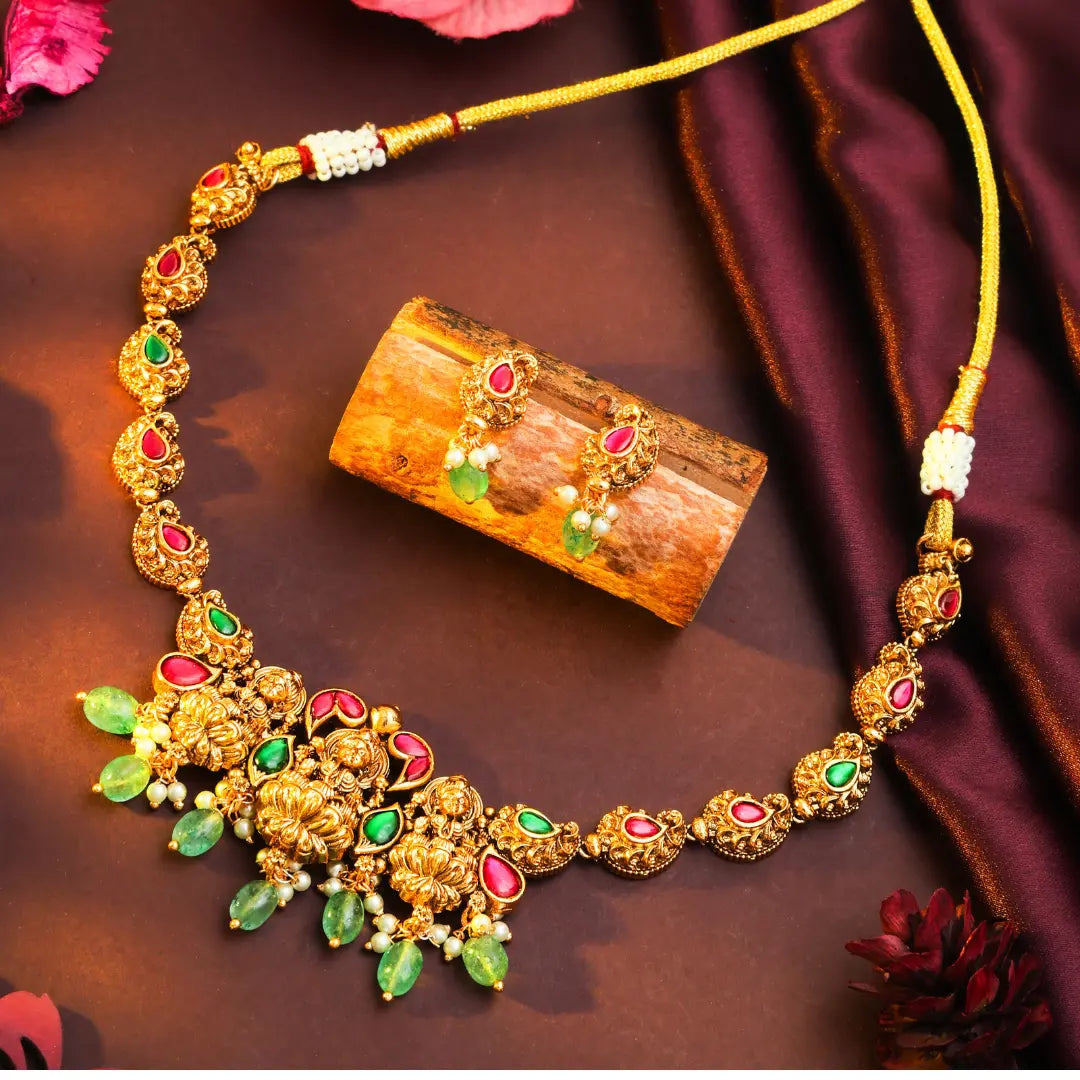 Antique Lakshmi Short Necklace Set – Gold Plated T-34