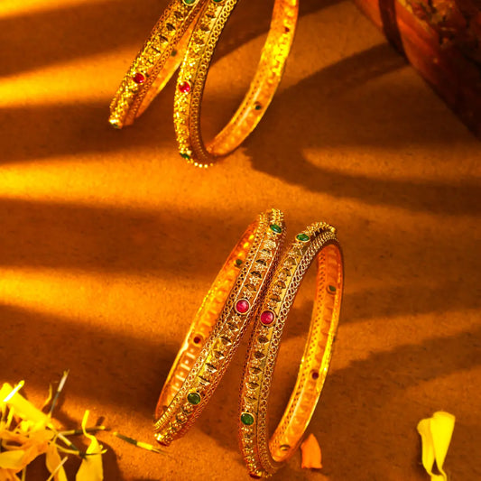 Antique Flower Temple Bangle with Gold-Plated Detailing V-1765