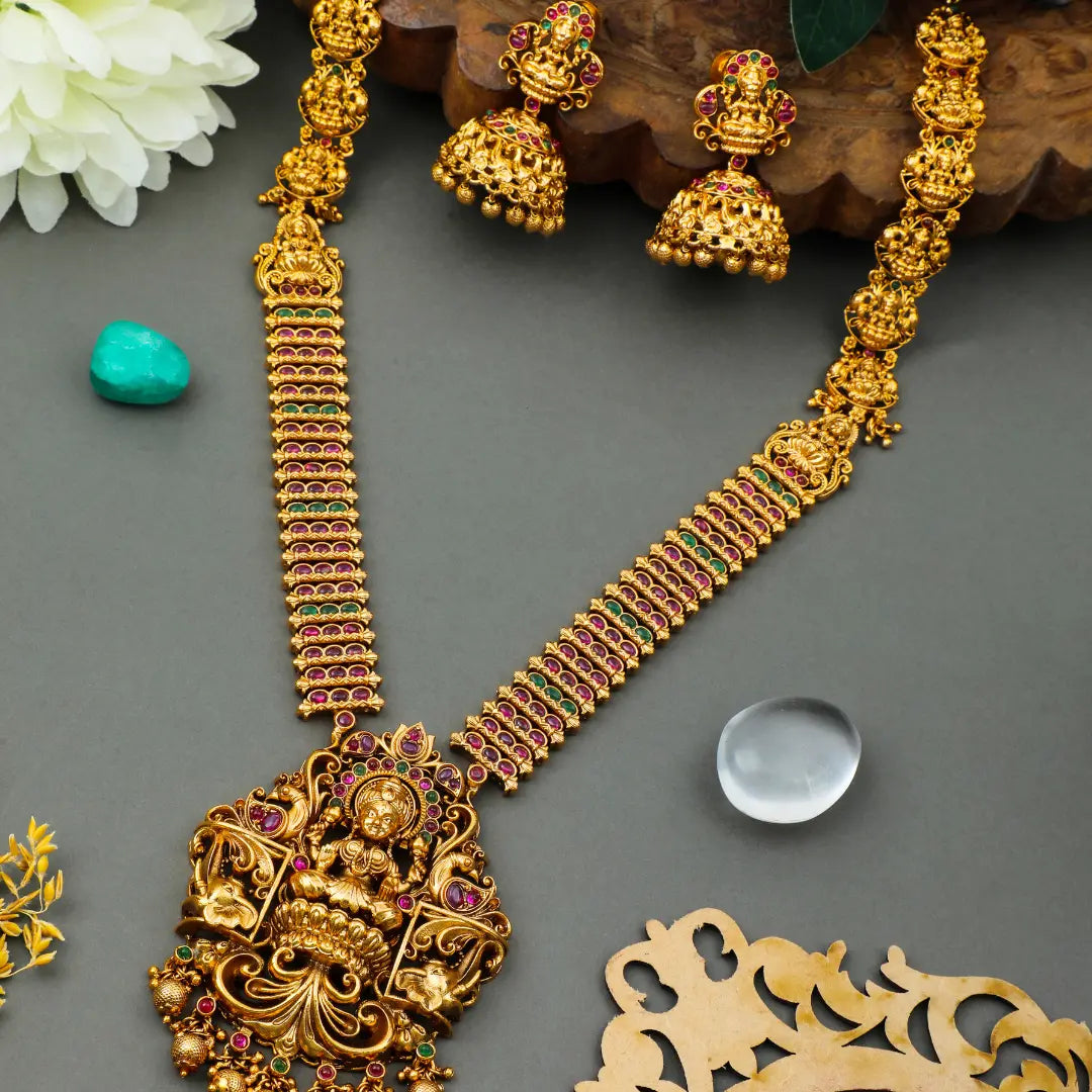 Antique Gold Lakshmi Lotus Long Necklace Set – South Temple Jewellery