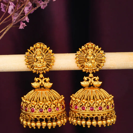 Divine Laxmi Temple Jhumka with Peacock Motif R-2027