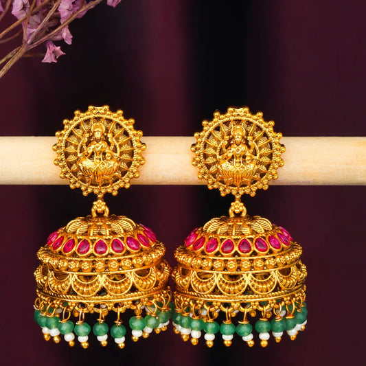 Antique Laxmi Temple Jhumka with Green Beads R-2230
