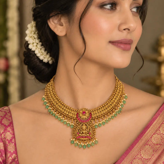 Swarna Kanti Navaratna Haar Short Necklace Set | Gold-Plated Temple J-1061