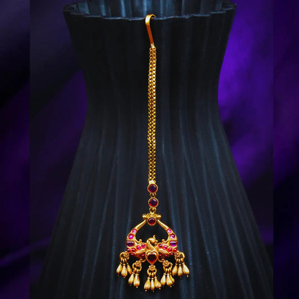 Antique Gold Plated Maang Tikka with Peacock Design