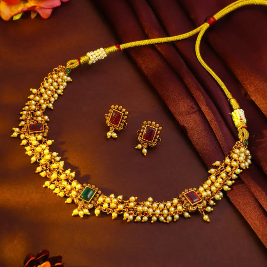 Gold-Plated Temple Necklace – Ruby & Pearl Elegance