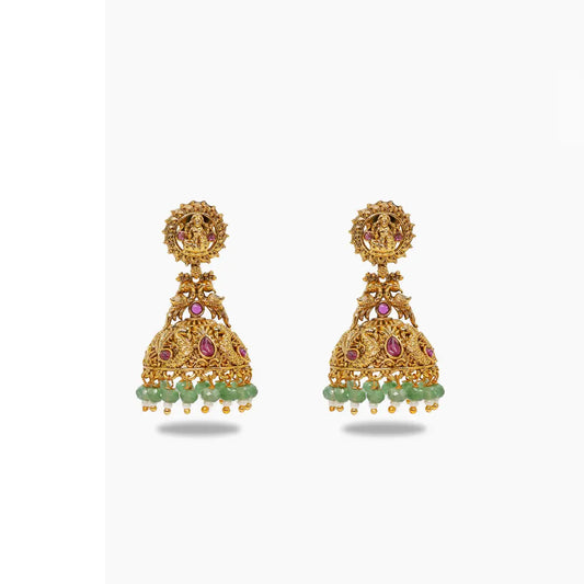 Temple Jhumka Earrings with Laxmi Motif & Green Beads V-562