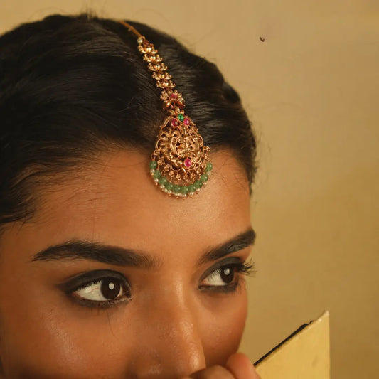 Lakshmi Temple Jewellery Maang Tikka with Green Bead Drops J-1289