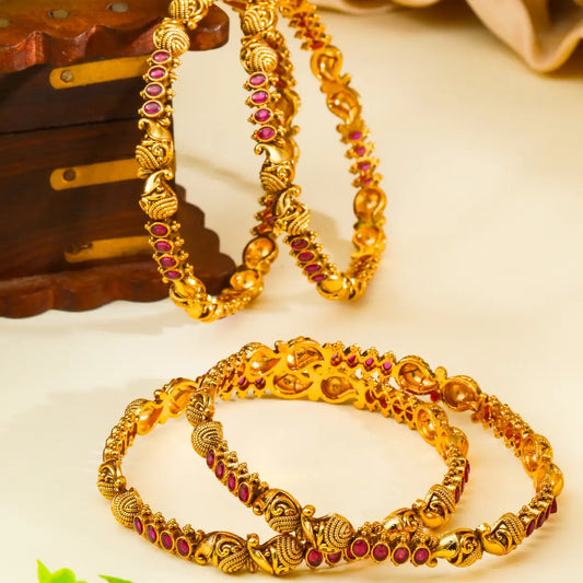 Saroja Valaya Paired Bangle | Gold-Plated Lotus Temple Bangle Set V-2246