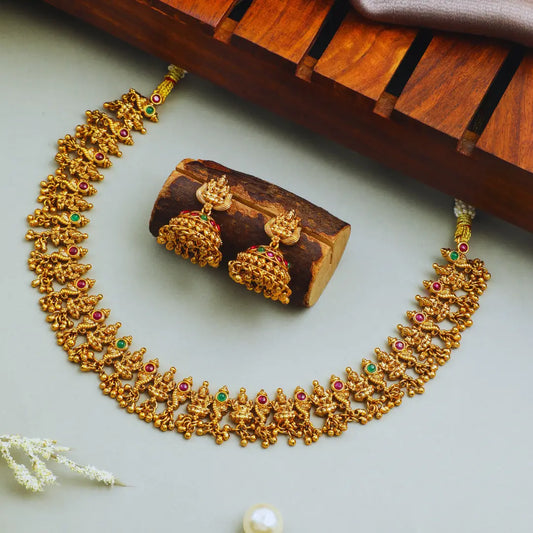 Antique Gold-Plated Temple Necklace Set – Bridal Short Design