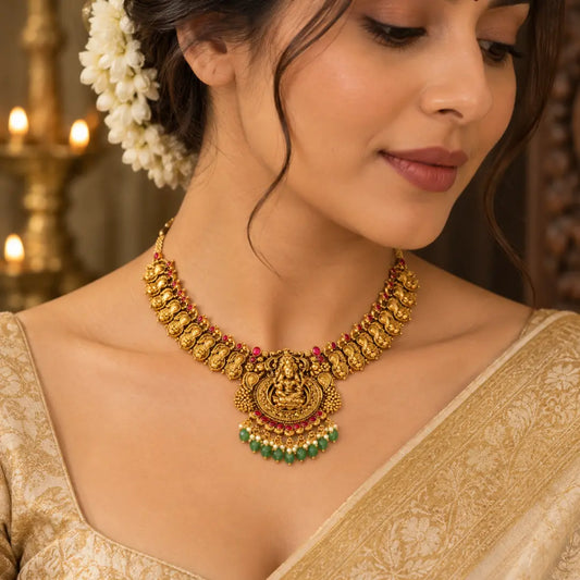 Dasavathara Rekha Haar Short Necklace Set | Gold-Plated Temple Jewellery K-1692