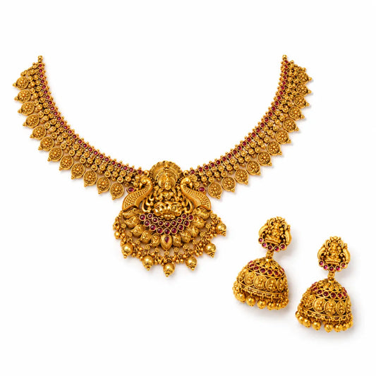 Swarna Kamalam Manga Haar Short Necklace Set | Gold-Plated Temple K-1893