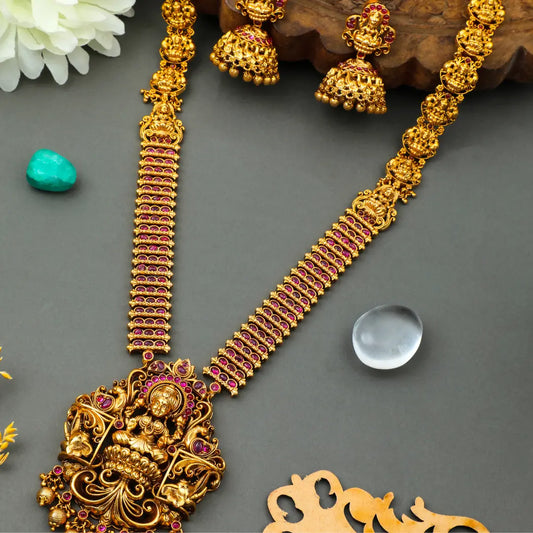 Antique Gold Lakshmi Lotus Long Necklace Set