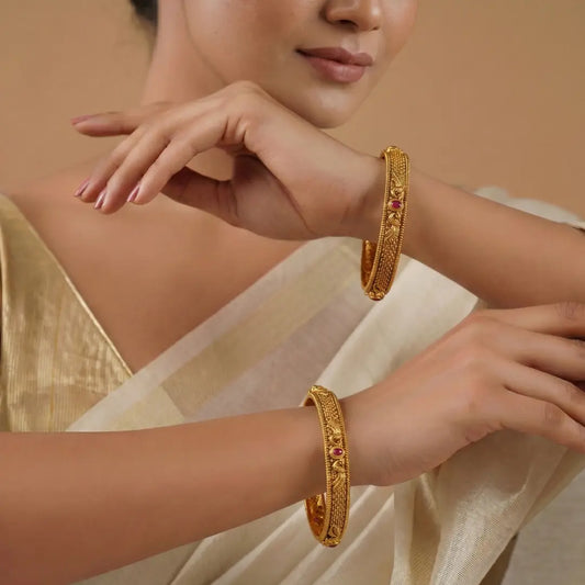 Lakshmi Archana Paired Bangle | Gold-Plated Goddess Worship Temple Bangle Set