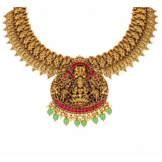 Antique Swarna Kamalam Haar Short Necklace Set | Gold-Plated Temple