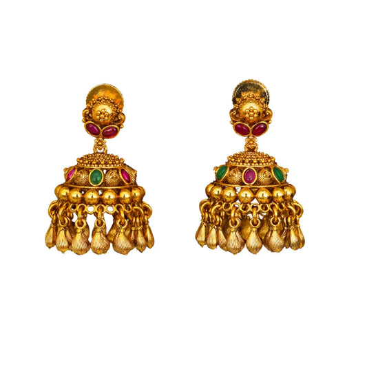 Trendy Minimalist Temple Jhumkas – Antique Gold Ruby Drop Design