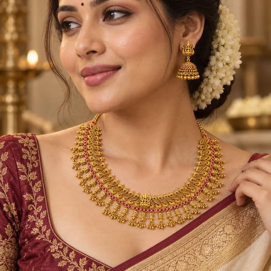 Antique Temple Jewellery Short Necklace Set with Jhumka Earrings K-1846