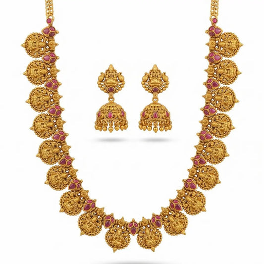 Patra Ghungroo Temple Jewellery Short Necklace Set with Bead Drops K-1845