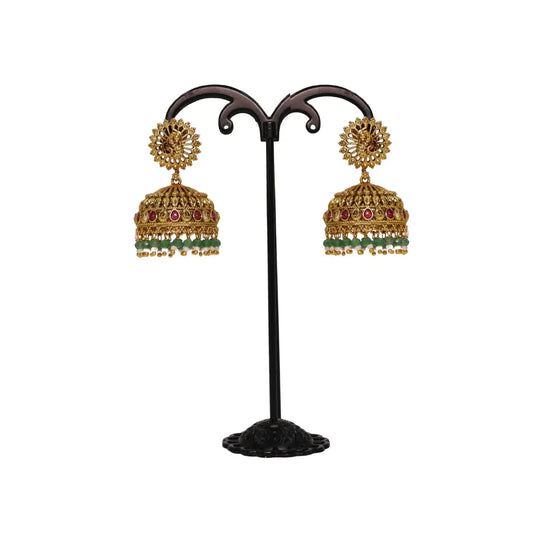 Temple Jhumka Earrings with Pink Stones & Green Beads R-2233