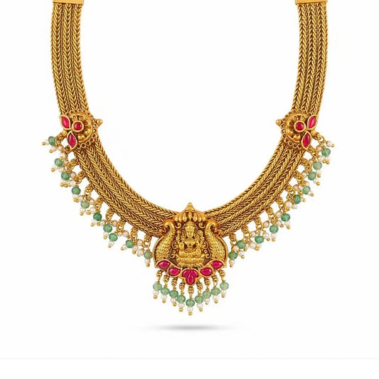 Lakshmi South Indian Temple Jewellery Short Necklace Set with Green Beads