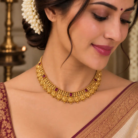 Haritha Lakshmi Temple Jewellery Short Necklace Set with Green Stones K-1805