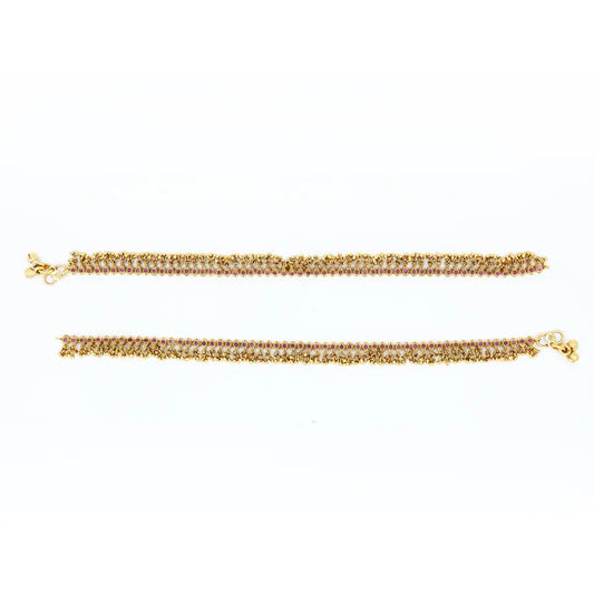 Traditional Gold Plated Temple Payal with Pink Stone Detailing