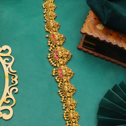 Antique Gold Plated Temple Kamarband with Laxmi Motif and Pink Stones