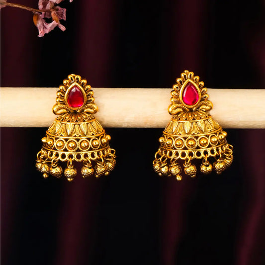 Antique Gold Plated Jhumka with Red Stone Detailing V-1663