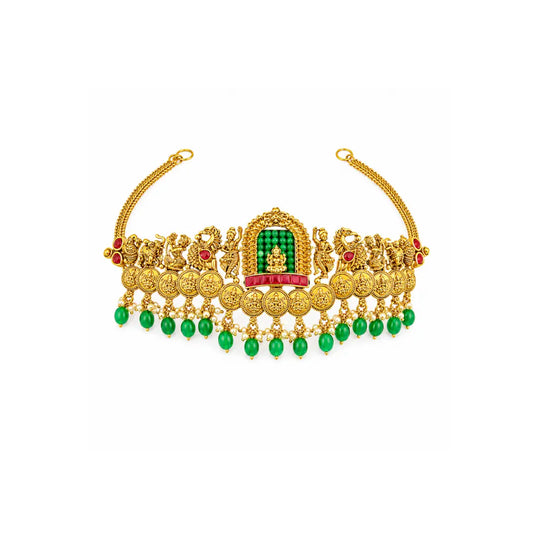 Lakshmi Temple Jewellery Bridal Choker Set with Green Bead Drops