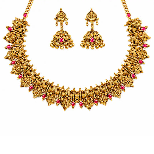 Pushpa Kali Temple Jewellery Short Necklace Set with Floral Design