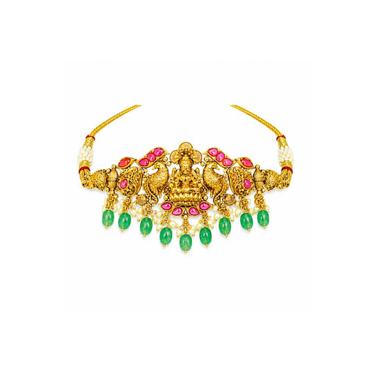 Lakshmi Temple Jewellery Bridal Choker Set with Green Beads