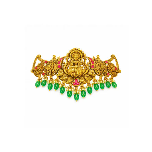 Traditional Lakshmi Temple Jewellery Bridal Choker Set with Green Beads