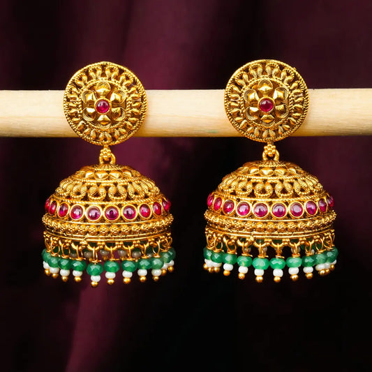 Antique Gold Look Jhumkas with Pink Detailing & Green Beads R-2232