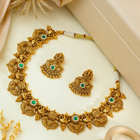 Antique Gold Temple Necklace Set | South Indian Bridal