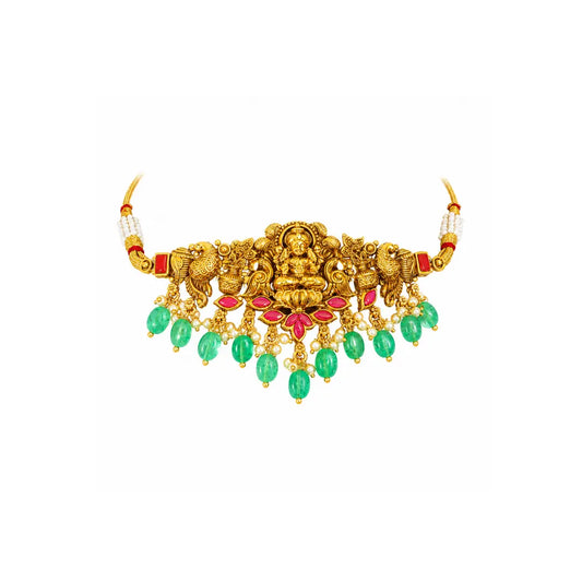 Lakshmi Antique Temple Jewellery Bridal Choker with Green Stone Drops