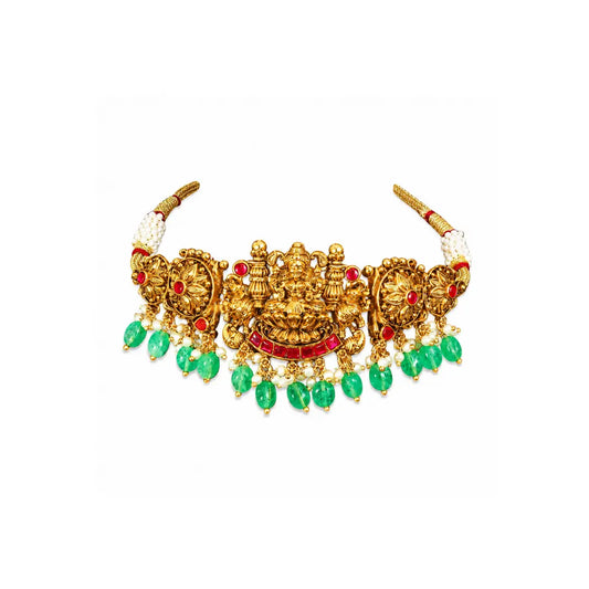 Lakshmi Antique Temple Jewellery Bridal Choker Set with Green Drops
