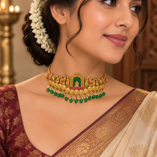 Lakshmi Temple Jewellery Bridal Choker Set with Green Bead Drops J-953