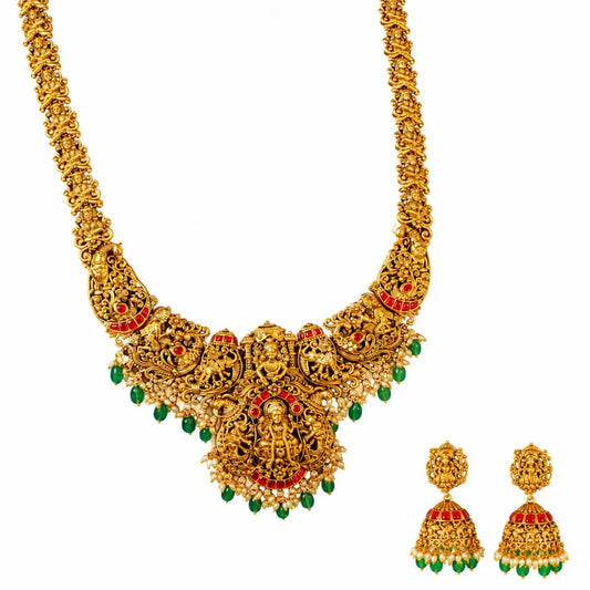 Padma Shakti Long Necklace Set | Gold-Plated Temple Jewellery J-1136