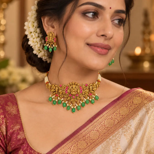 Lakshmi Temple Jewellery Bridal Choker Set with Emerald Bead Drops J-478