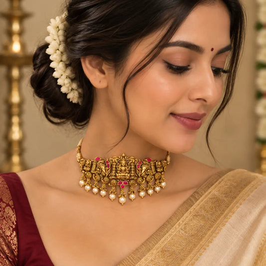 Lakshmi Temple Jewellery Bridal Choker Set with Pearl Drops J-952