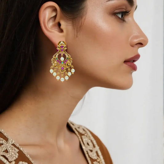 Antique Gold-Plated Chandbali with Pearl Drops R-1043